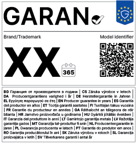 Eticheta GARAN: titlul GARAN cu semnul bifat, sigla garanției legale, XX ani, un calendar, codul QR și textul «garanția producătorului în ani» în toate limbile Uniunii