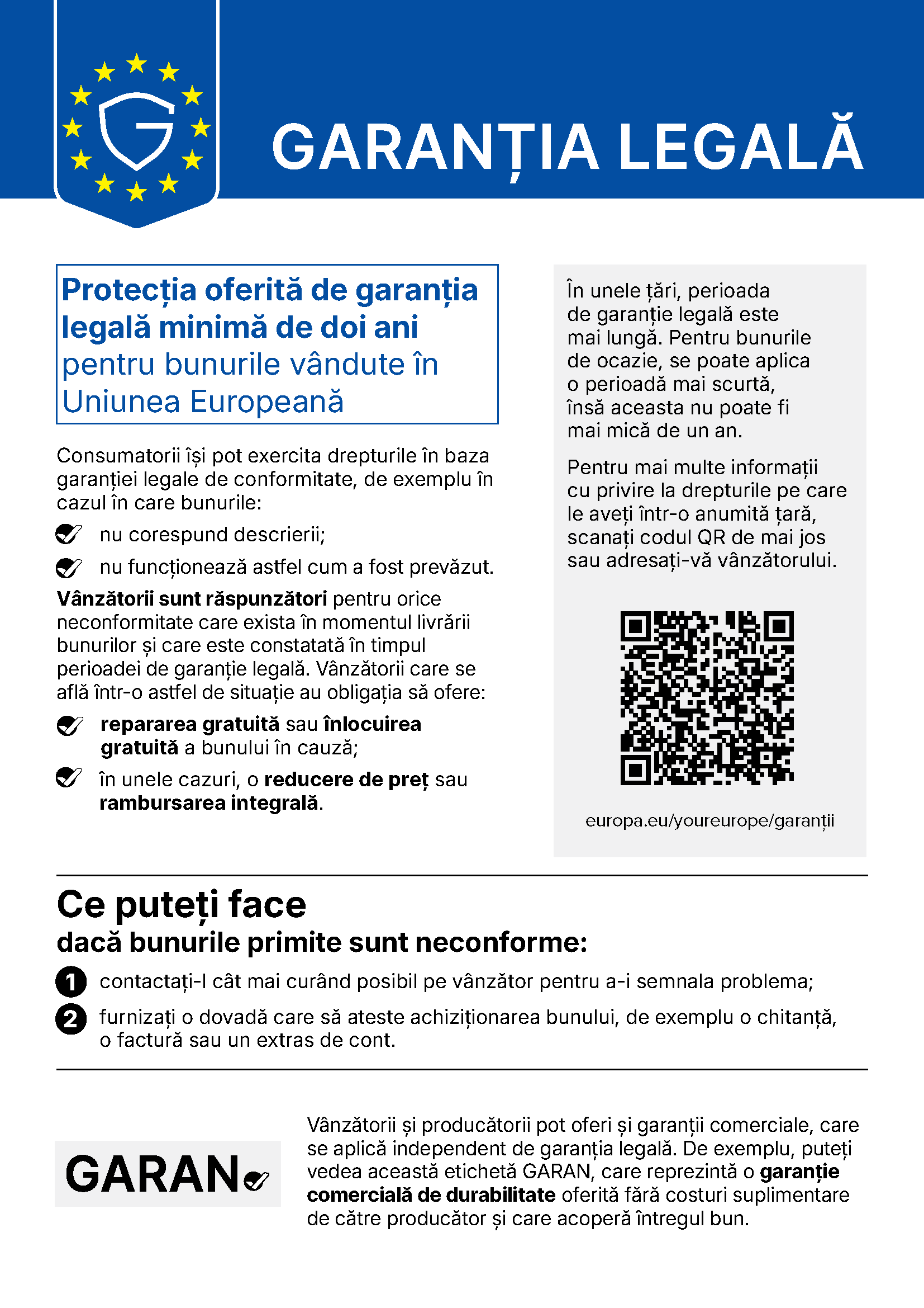 Notificarea armonizată «Garanția legală»: protecția minimă de doi ani pentru bunurile vândute în Uniunea Europeană, ce puteți face dacă bunurile sunt neconforme și codul QR spre portalul Europa ta